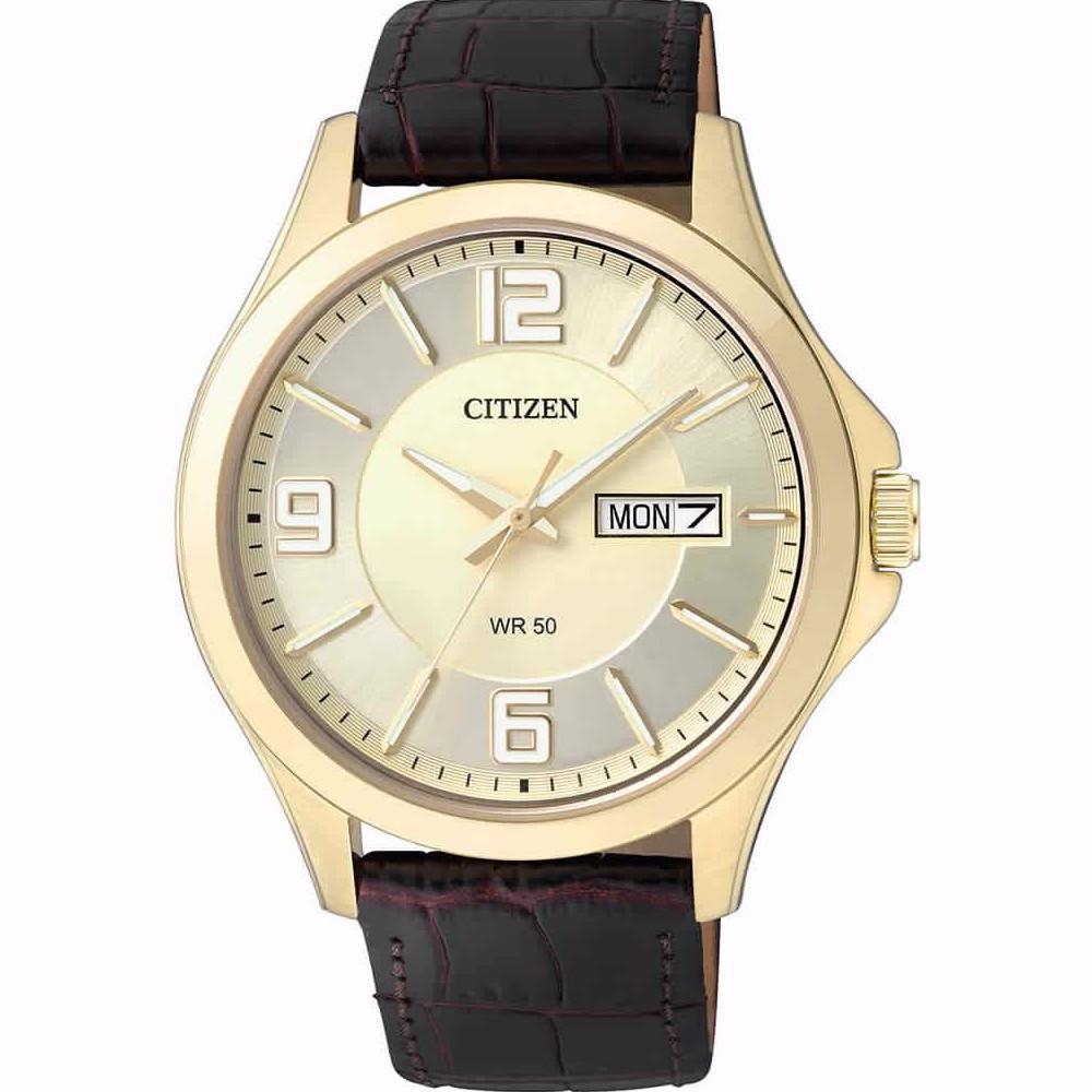 Citizen BF2003-09P Round Quartz Analog Crocodile-Embossed Leather Dress Watch for Men - Brown