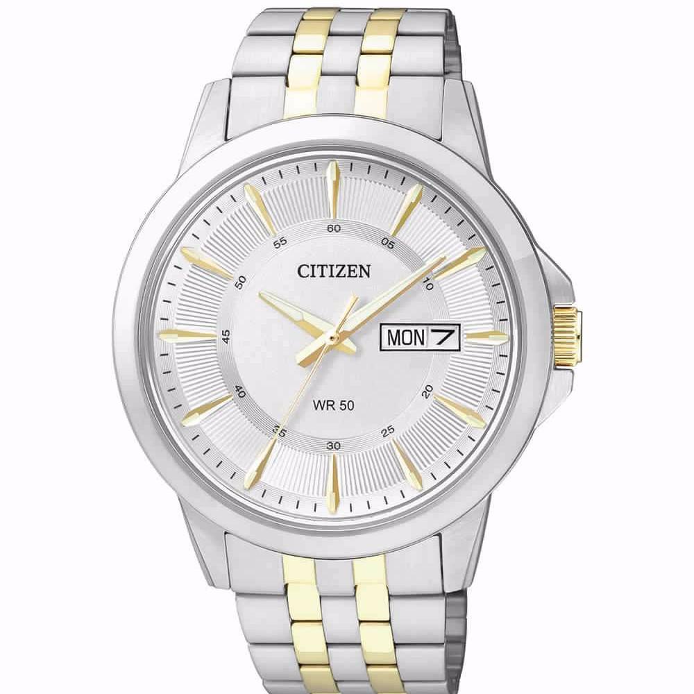 Citizen BF2018-52A Round Quartz Analog Two-Tone Stainless Steel Dress Watch for Men - Silver Gold